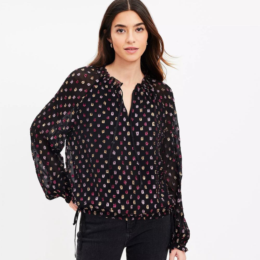 Ann Taylor LOFT Black Metallic Polka Dot V-Neck Long Sleeve XS Blouse NWT